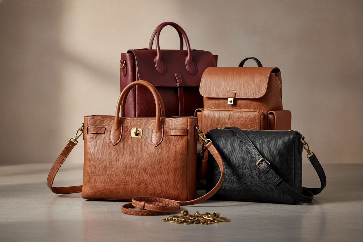 create a image representing latest collections of leather bags